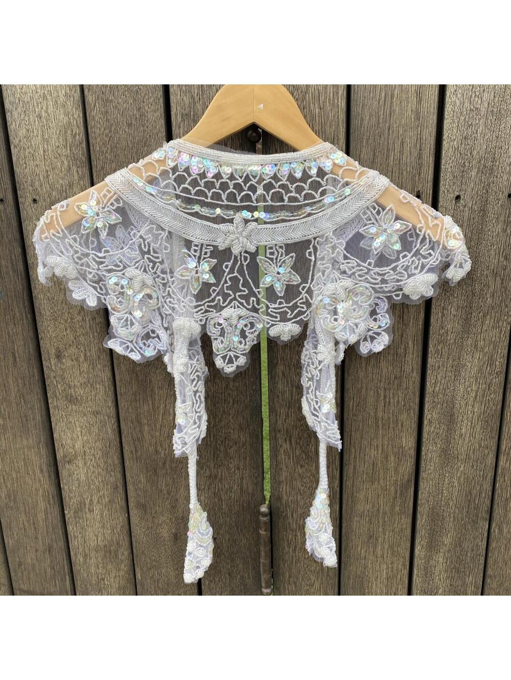 Gorgeous 1960’s Vintage White Lace & Iridescent Sequin Beaded Bolero Capelet